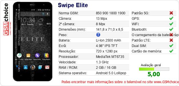 Swipe Elite Especificações técnicas do telemóvel Swipe Elite Especificações técnicas do telemóvel