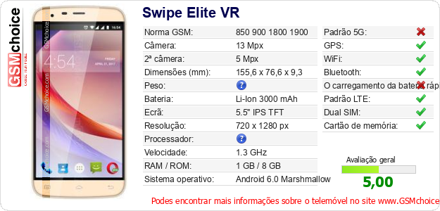 Swipe Elite VR Especificações técnicas do telemóvel Swipe Elite VR Especificações técnicas do telemóvel