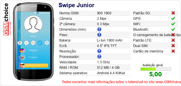 Swipe Junior Especificações técnicas do telemóvel Swipe Junior Especificações técnicas do telemóvel