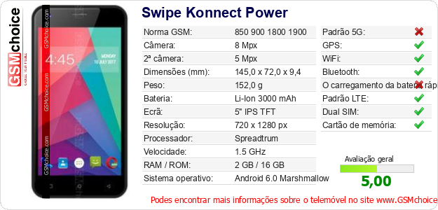 Swipe Konnect Power Especificações técnicas do telemóvel Swipe Konnect Power Especificações técnicas do telemóvel