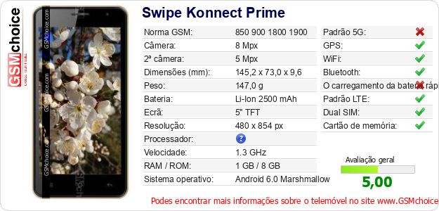 Swipe Konnect Prime Especificações técnicas do telemóvel Swipe Konnect Prime Especificações técnicas do telemóvel