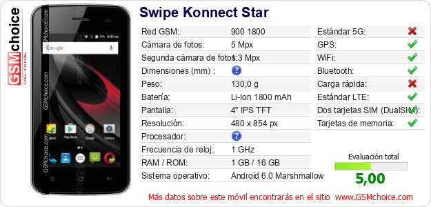 Swipe Konnect Star Datos técnicos del móvil Swipe Konnect Star Datos técnicos del móvil