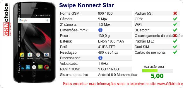Swipe Konnect Star Especificações técnicas do telemóvel Swipe Konnect Star Especificações técnicas do telemóvel