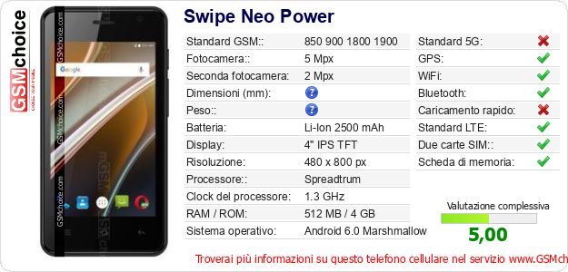 Swipe Neo Power Dati tecnici di telefono cellulare Swipe Neo Power Dati tecnici di telefono cellulare