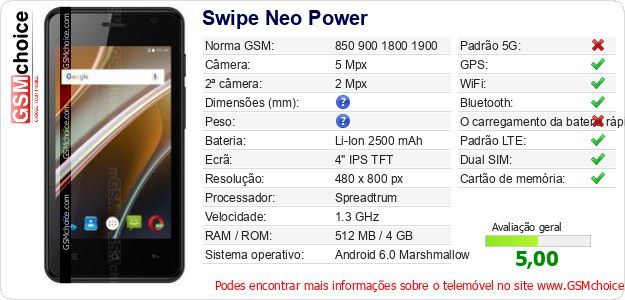 Swipe Neo Power Especificações técnicas do telemóvel Swipe Neo Power Especificações técnicas do telemóvel