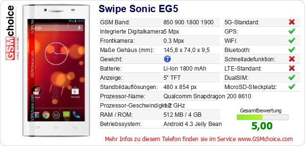 Swipe Sonic EG5 technische Daten Swipe Sonic EG5 technische Daten