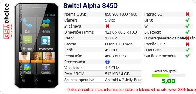 Switel Alpha S45D Especificações técnicas do telemóvel Switel Alpha S45D Especificações técnicas do telemóvel