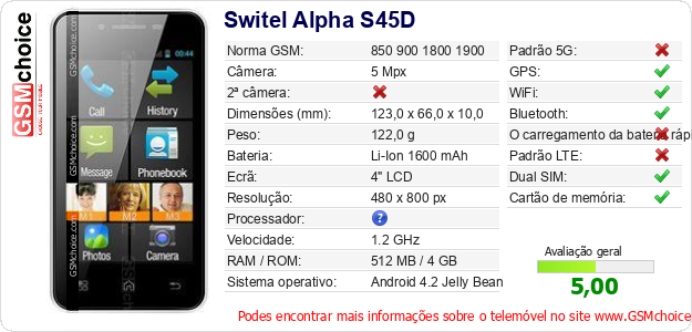 Switel Alpha S45D Especificações técnicas do telemóvel Switel Alpha S45D Especificações técnicas do telemóvel