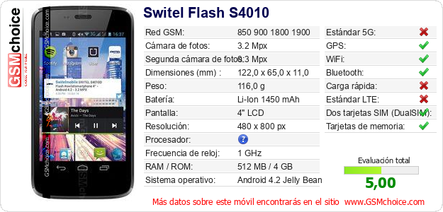 Switel Flash S4010 Datos técnicos del móvil 