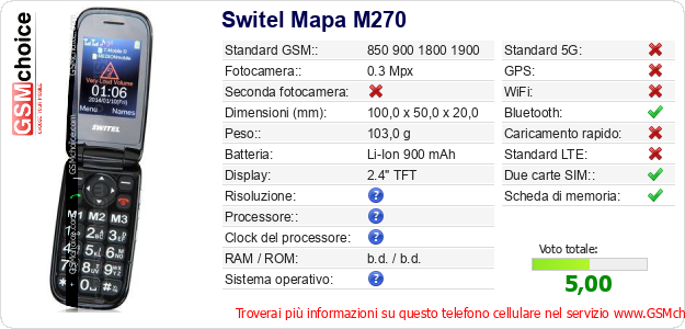 Switel Mapa M270 Dati tecnici di telefono cellulare 