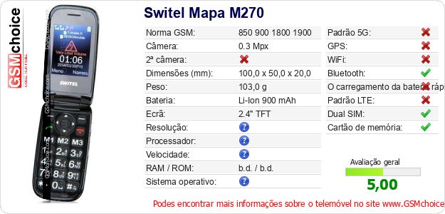 Switel Mapa M270 Especificações técnicas do telemóvel Switel Mapa M270 Especificações técnicas do telemóvel