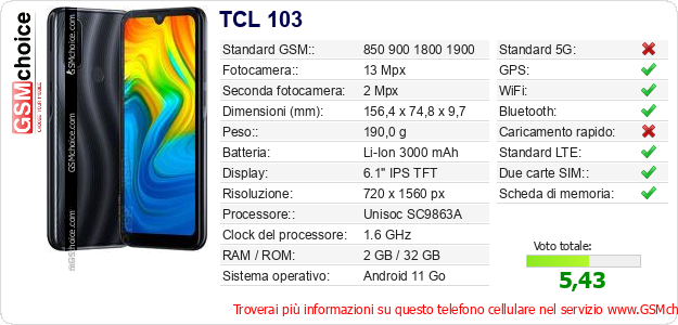 TCL 103 Dati tecnici di telefono cellulare TCL 103 Dati tecnici di telefono cellulare