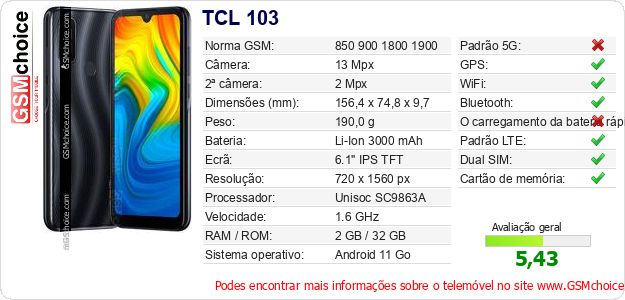TCL 103 Especificações técnicas do telemóvel TCL 103 Especificações técnicas do telemóvel
