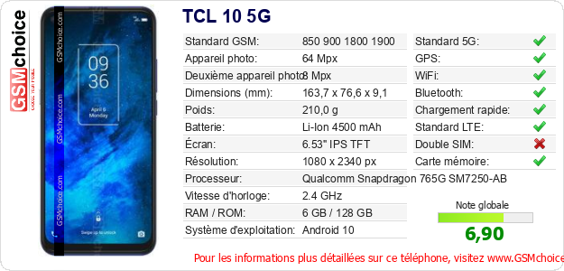 TCL 10 5G Fiche technique TCL 10 5G Fiche technique
