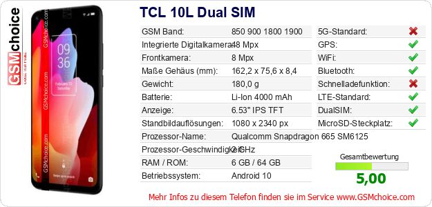 TCL 10L Dual SIM technische Daten TCL 10L Dual SIM technische Daten