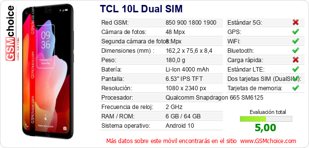 TCL 10L Dual SIM Datos técnicos del móvil 