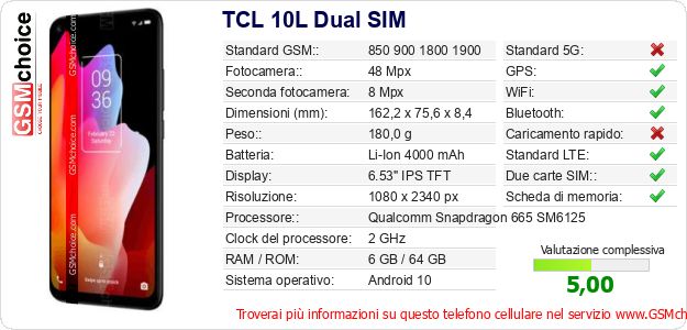 TCL 10L Dual SIM Dati tecnici di telefono cellulare 