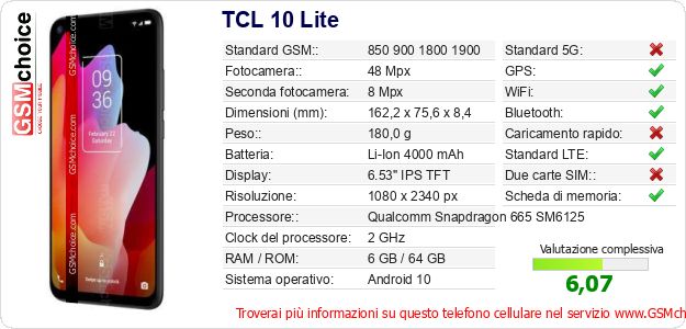 TCL 10 Lite Dati tecnici di telefono cellulare TCL 10 Lite Dati tecnici di telefono cellulare