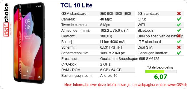 TCL 10 Lite Technische gegevens TCL 10 Lite Technische gegevens