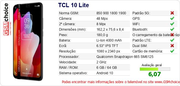 TCL 10 Lite Especificações técnicas do telemóvel TCL 10 Lite Especificações técnicas do telemóvel
