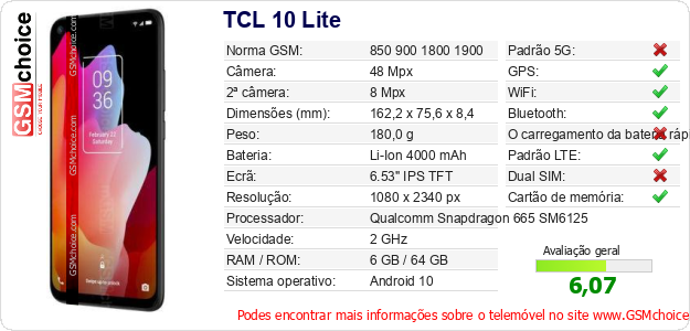 TCL 10 Lite Especificações técnicas do telemóvel TCL 10 Lite Especificações técnicas do telemóvel