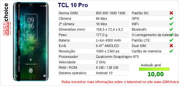 TCL 10 Pro Especificações técnicas do telemóvel TCL 10 Pro Especificações técnicas do telemóvel
