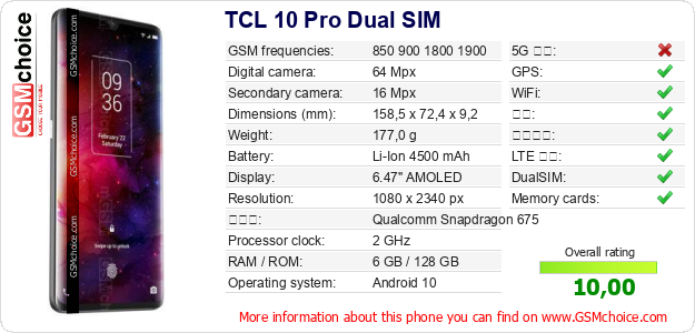 TCL 10 Pro Dual SIM 手机技术数据