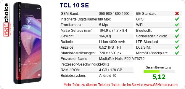 TCL 10 SE technische Daten TCL 10 SE technische Daten