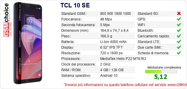 TCL 10 SE Dati tecnici di telefono cellulare TCL 10 SE Dati tecnici di telefono cellulare