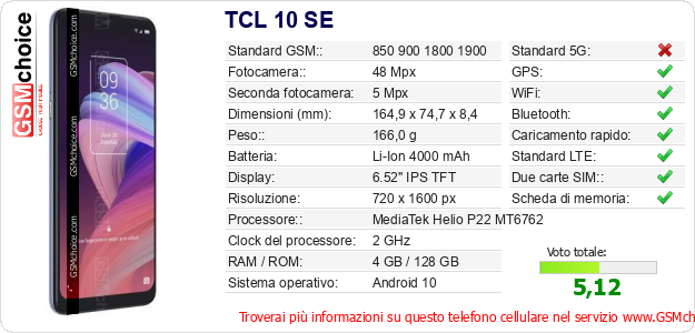 TCL 10 SE Dati tecnici di telefono cellulare TCL 10 SE Dati tecnici di telefono cellulare