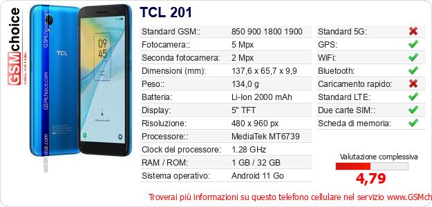 TCL 201 Dati tecnici di telefono cellulare 