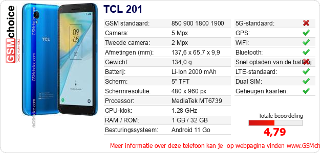TCL 201 Technische gegevens 