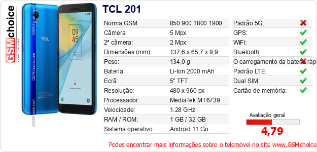 TCL 201 Especificações técnicas do telemóvel 