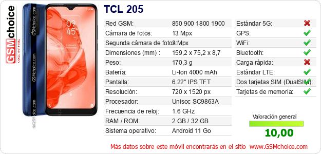 TCL 205 Datos técnicos del móvil TCL 205 Datos técnicos del móvil