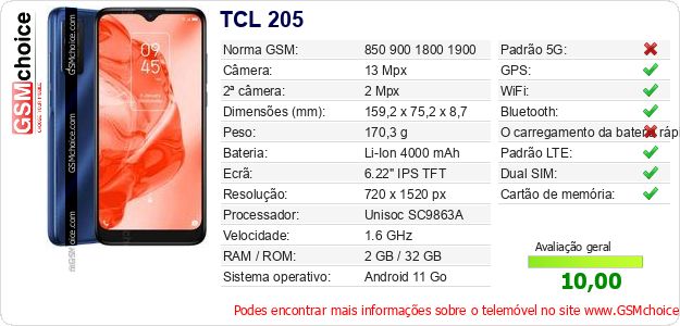 TCL 205 Especificações técnicas do telemóvel TCL 205 Especificações técnicas do telemóvel