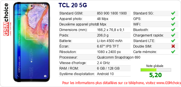 TCL 20 5G Fiche technique TCL 20 5G Fiche technique