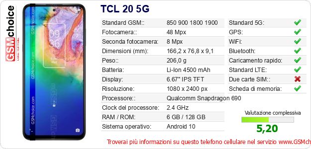 TCL 20 5G Dati tecnici di telefono cellulare TCL 20 5G Dati tecnici di telefono cellulare