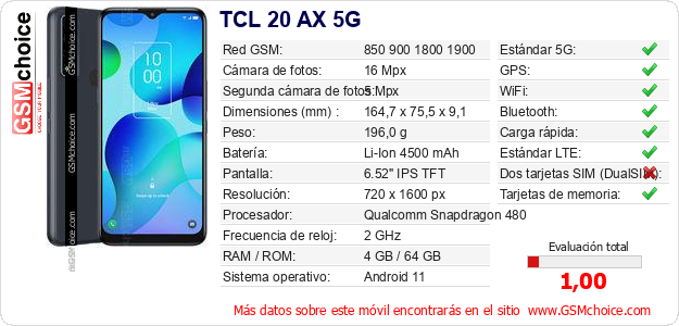 TCL 20 AX 5G Datos técnicos del móvil 
