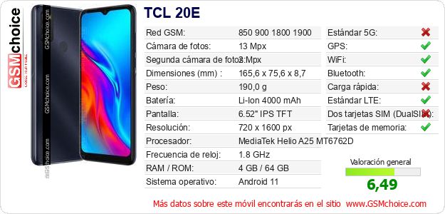 TCL 20E Datos técnicos del móvil TCL 20E Datos técnicos del móvil