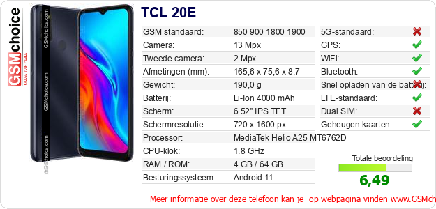 TCL 20E Technische gegevens 