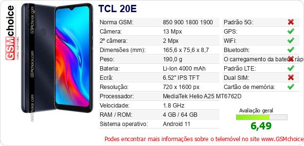 TCL 20E Especificações técnicas do telemóvel TCL 20E Especificações técnicas do telemóvel