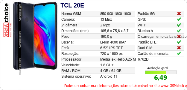 TCL 20E Especificações técnicas do telemóvel 