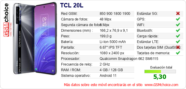 TCL 20L Datos técnicos del móvil 