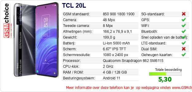 TCL 20L Technische gegevens 
