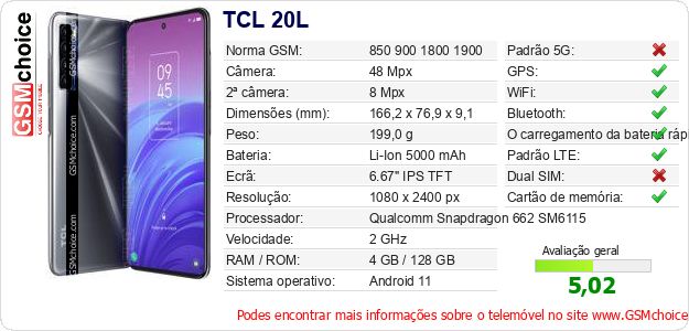 TCL 20L Especificações técnicas do telemóvel 