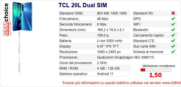 TCL 20L Dual SIM Dati tecnici di telefono cellulare 