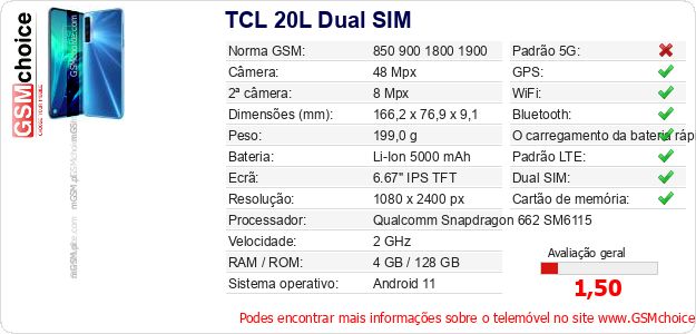 TCL 20L Dual SIM Especificações técnicas do telemóvel TCL 20L Dual SIM Especificações técnicas do telemóvel