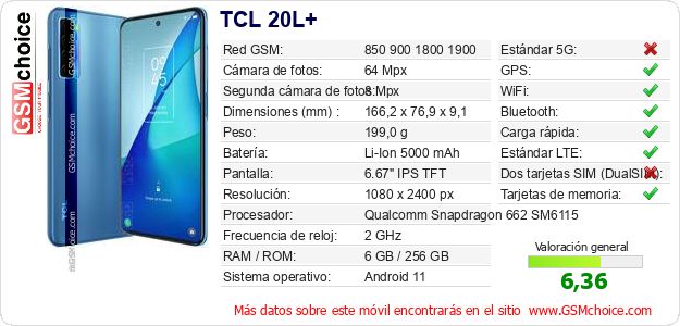 TCL 20L+ Datos técnicos del móvil TCL 20L+ Datos técnicos del móvil