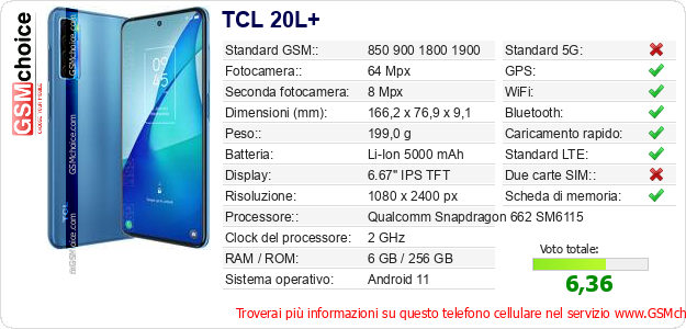 TCL 20L+ Dati tecnici di telefono cellulare 