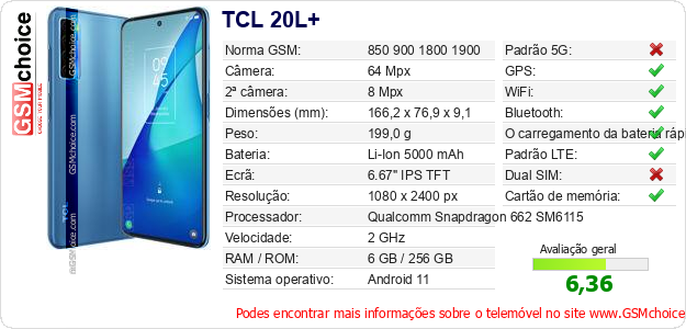 TCL 20L+ Especificações técnicas do telemóvel 